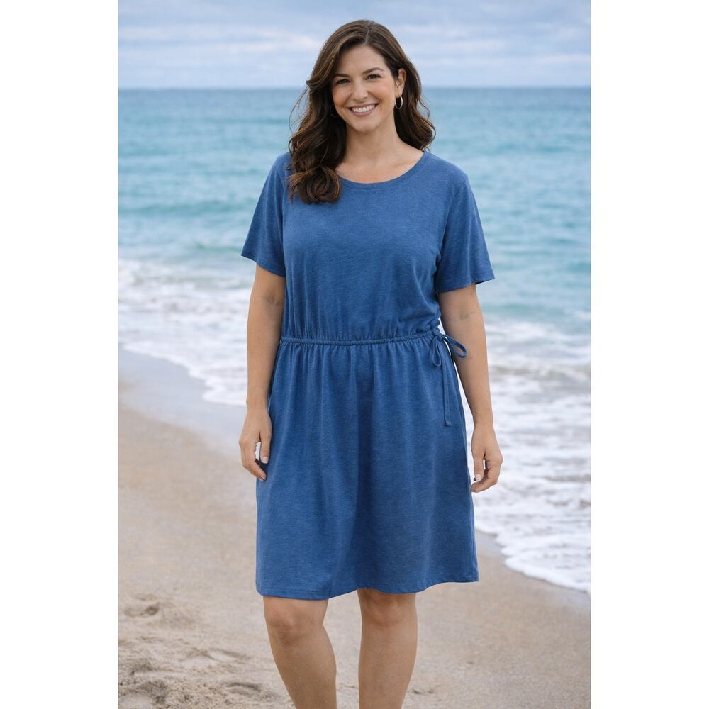 Old Navy Women’s Large Blue Linen-Blend Waist-Defined Mini Dress Short Sleeve